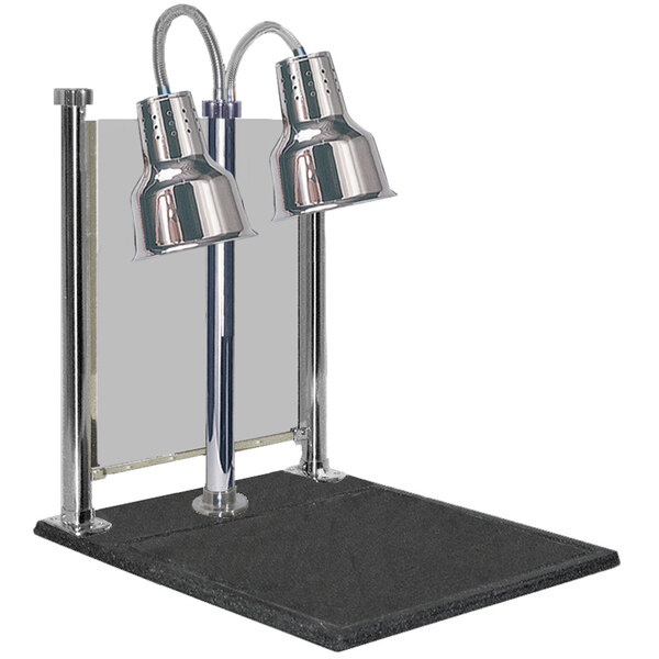 A Hanson Heat Lamps chrome carving station with two silver lamps on a metal pole.