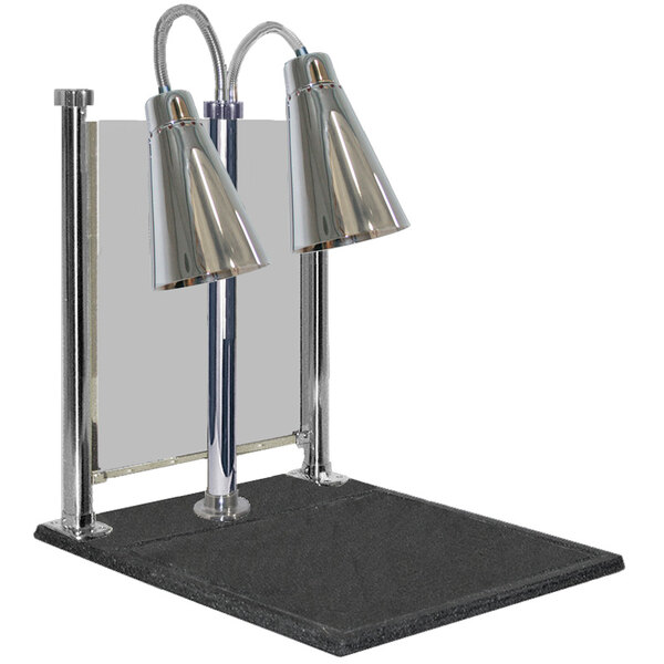 A chrome Hanson Heat Lamp carving station with two silver lamps.