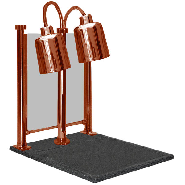 A Hanson Heat Lamps smoked copper carving station with dual lamps over a black carving shelf.