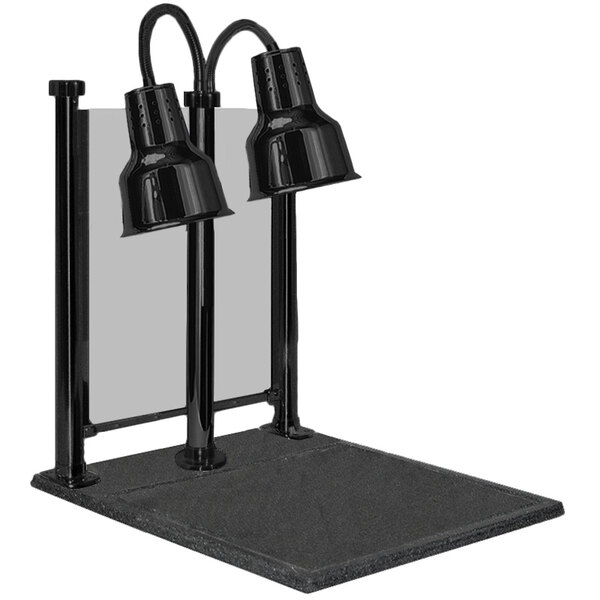 A black Hanson Heat Lamp carving station with two shades over a black stand.