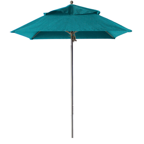 A turquoise Grosfillex square umbrella on an aluminum pole.