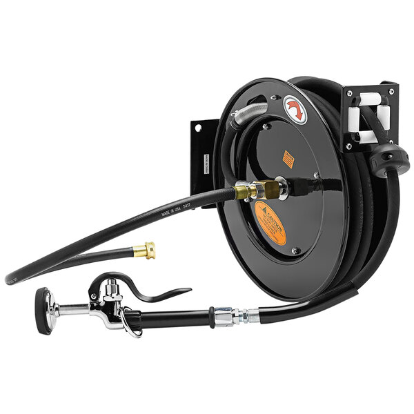 A black Equip by T&S hose reel with hoses.