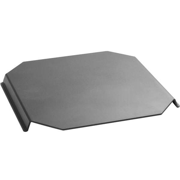 A black metal tray with a grey metal plate on top.