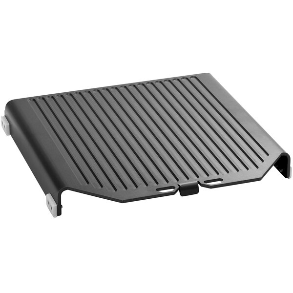 A black rectangular Merrychef grooved cooking plate with a handle.