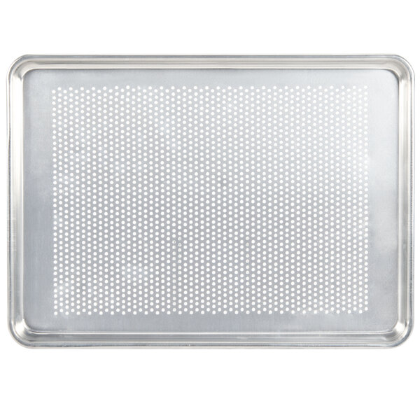A silver aluminum tray with holes.