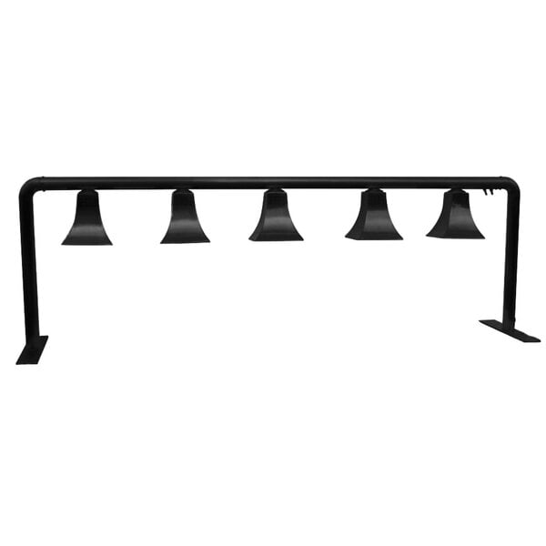 A black metal bar with five black bell-shaped shades on it.