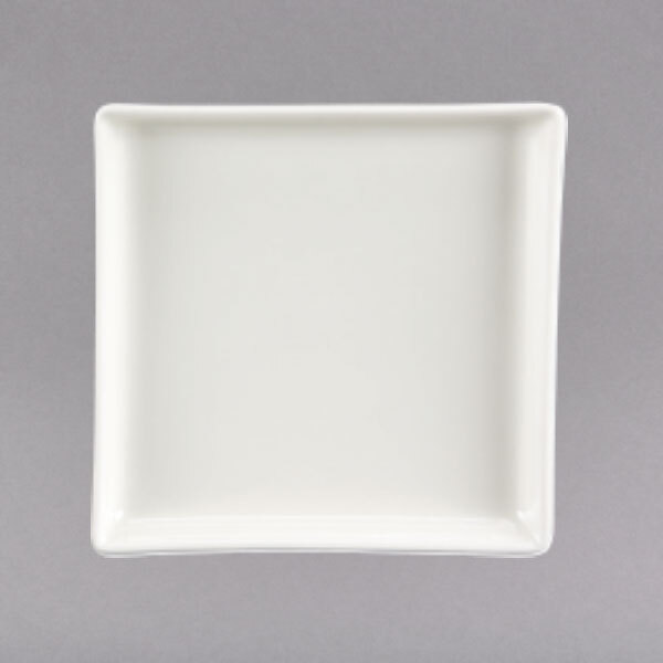 A white square Homer Laughlin china tray with a small white rim.