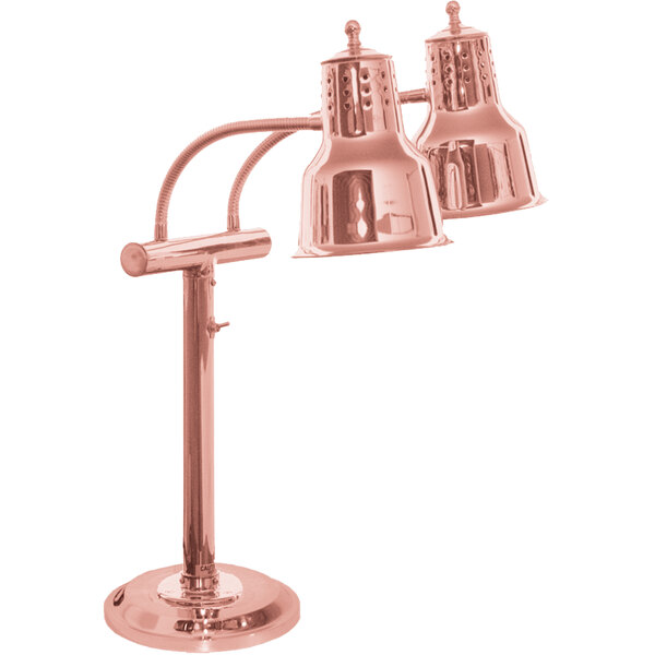 A Hanson Heat Lamps bright copper freestanding dual bulb heat lamp with a round base.