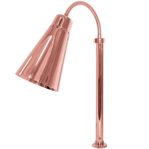 A Hanson Heat Lamps copper heat lamp with a curved metal pole.