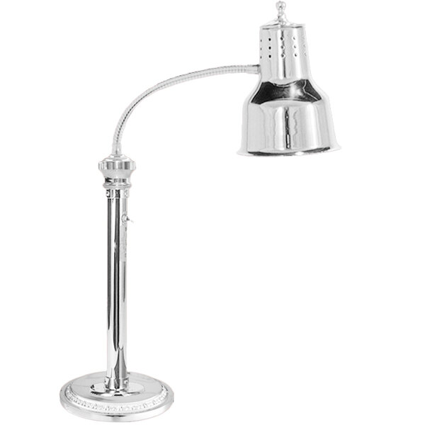 A chrome Hanson Heat Lamp with a curved arm and round base.