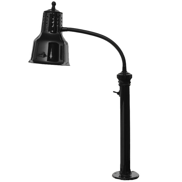 A Hanson Heat Lamps black flexible mounted heat lamp with a curved pole.