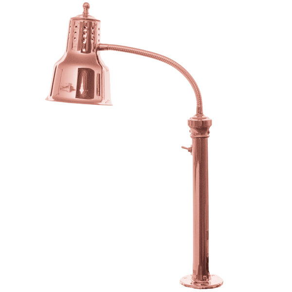A close-up of a Hanson Heat Lamp with a curved bright copper pole.
