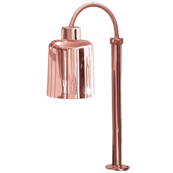 A close-up of a Hanson Heat Lamps copper lamp with a metal shade.