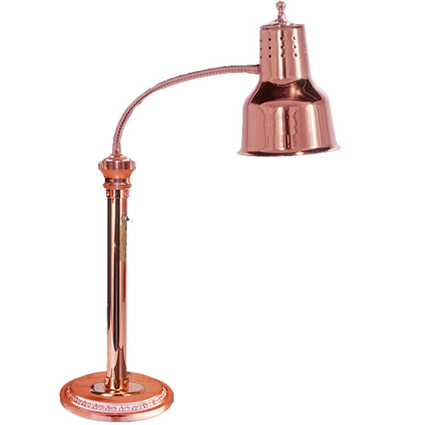 A Hanson Heat Lamps freestanding heat lamp with a bright copper finish and round base.