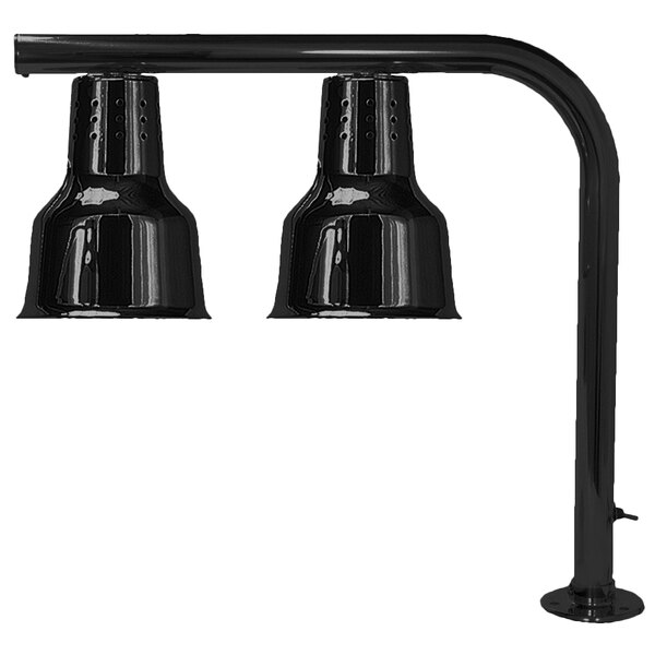 A Hanson Heat Lamps black dual bulb mounted heat lamp stand with two black lamps.