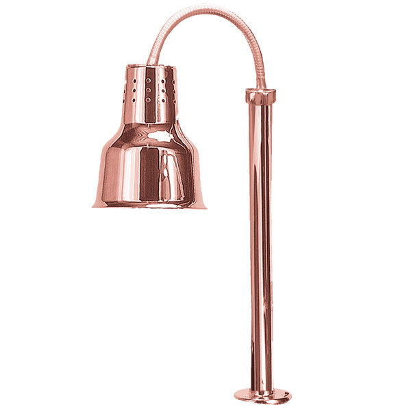 A Hanson Heat Lamps streamlined heat lamp with a bright copper finish and flexible tube.