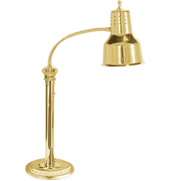 A gold colored Hanson Heat Lamp with a curved neck and round base.