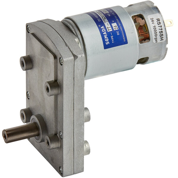 A small metal motor with a blue label and a gear on the front.