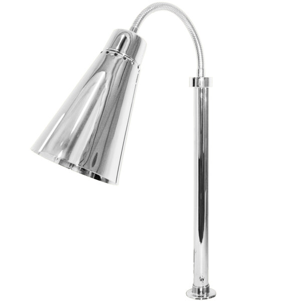 A Hanson Heat Lamp with a chrome finish and a curved metal pole.