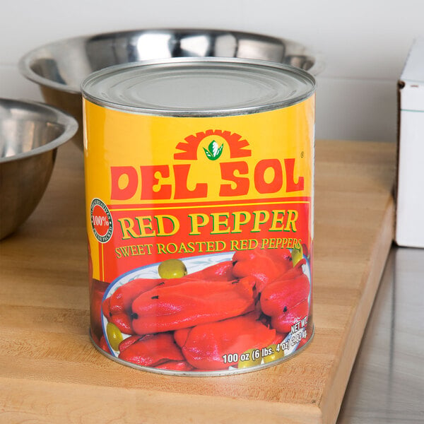A Del Sol can of sweet roasted red peppers on a counter.