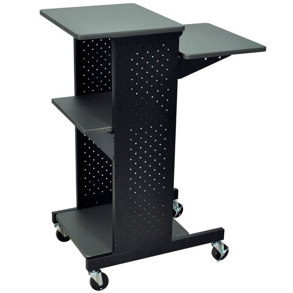A black Luxor presentation stand with wheels.