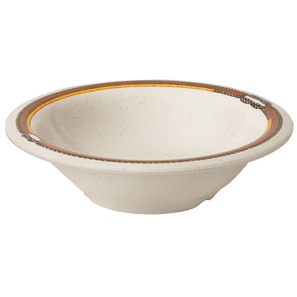 A white melamine bowl with a yellow and red band around the rim.