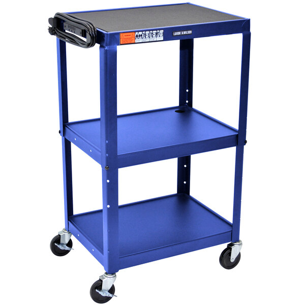 A blue metal Luxor AV utility cart with three shelves and wheels.