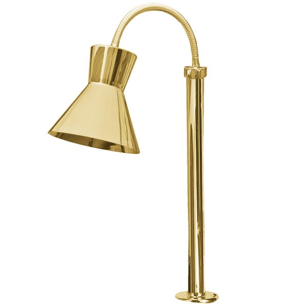 A brass Hanson Heat Lamp with a curved tube.