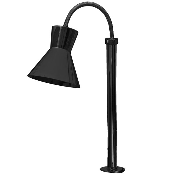 A black Hanson Heat Lamps mounted heat lamp with a curved pole and black shade.