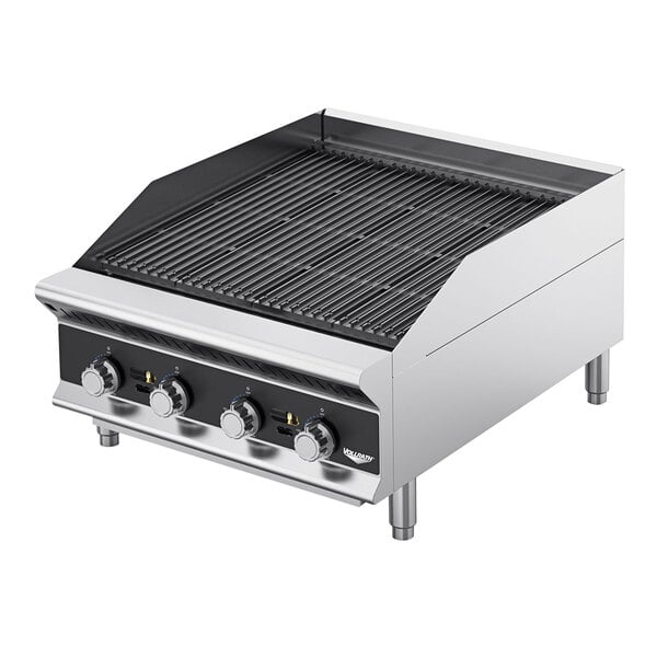 A stainless steel Vollrath charbroiler with three burners and knobs.