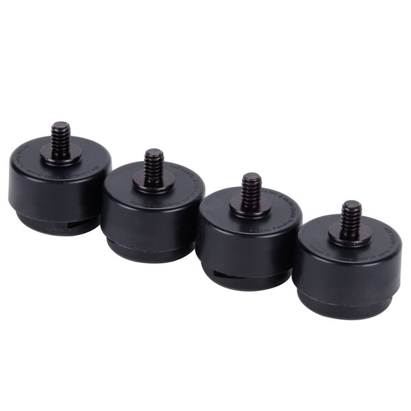 A pack of four black plastic Superlevel self adjusting table feet with screws.