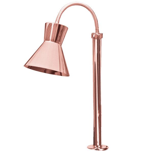 A Hanson Heat Lamps copper countertop heat lamp with a curved tube.
