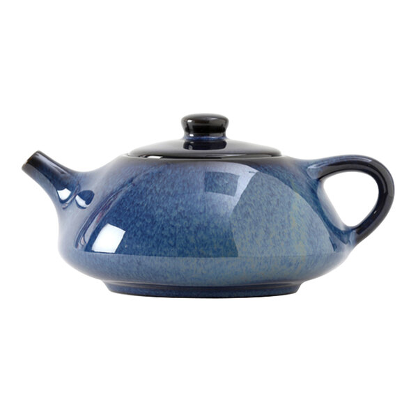 A blue ceramic Tuxton Royal Tea Pot with a lid.