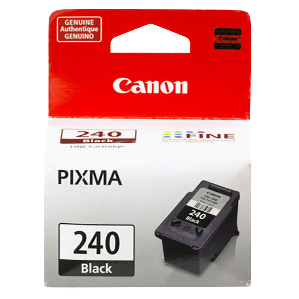 A Canon black ink cartridge in red and black packaging with a white label.