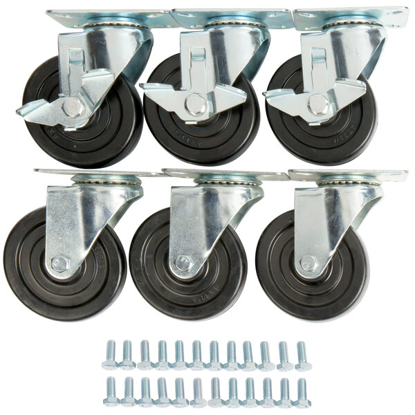 A group of Avantco plate casters with black rubber wheels and screws.
