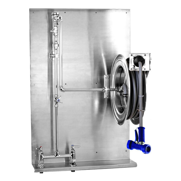 A silver T&S deck mounted hose reel with hose attached.
