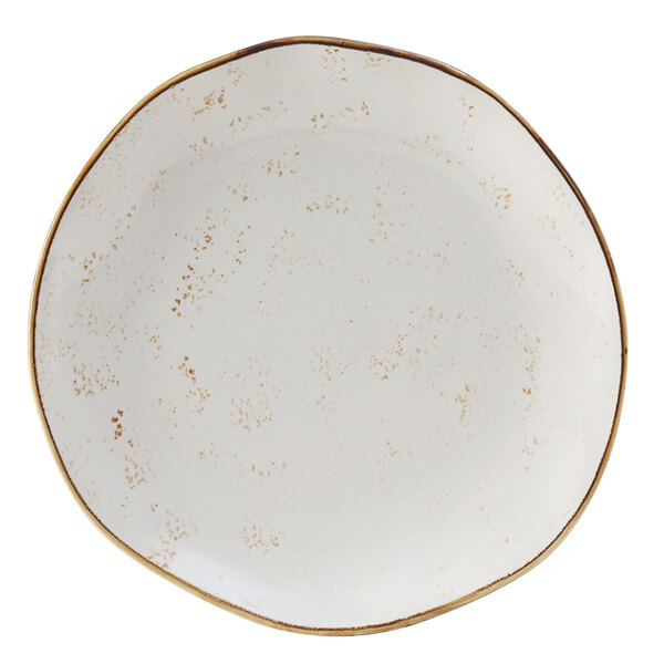 A white Tuxton China bread and butter plate with brown speckles.