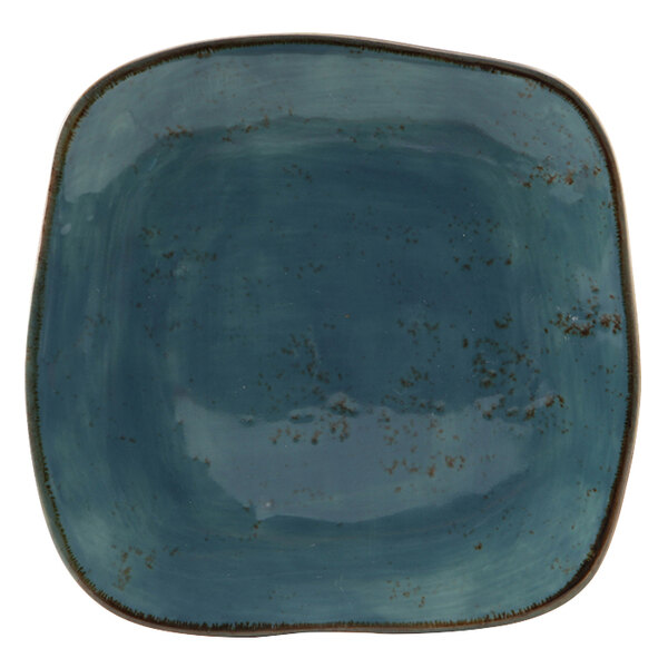 A blue square Tuxton plate with brown specks.