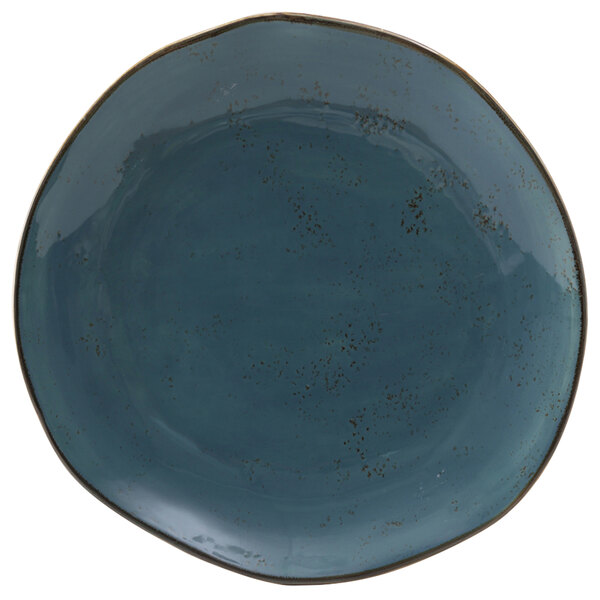 A blue plate with a brown rim.