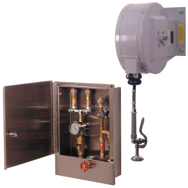 A metal T&S wall mounted hose reel cabinet with hoses and valves inside.