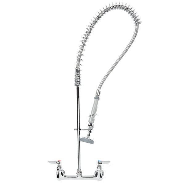 A T&S chrome wall mounted filler faucet with a curved hose.