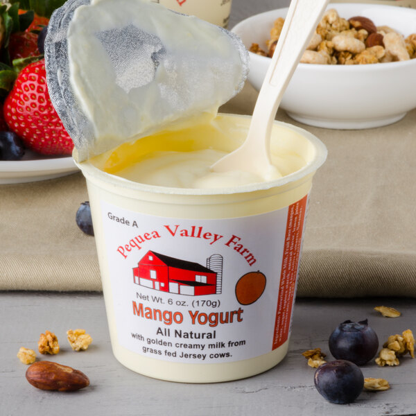 A plastic container of Pequea Valley Farm mango yogurt with a spoon.