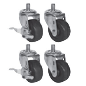 A set of four black and white casters with rubber wheels.