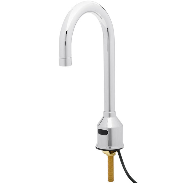 A silver Equip by T&S deck mounted sensor faucet with a rigid gooseneck spout.