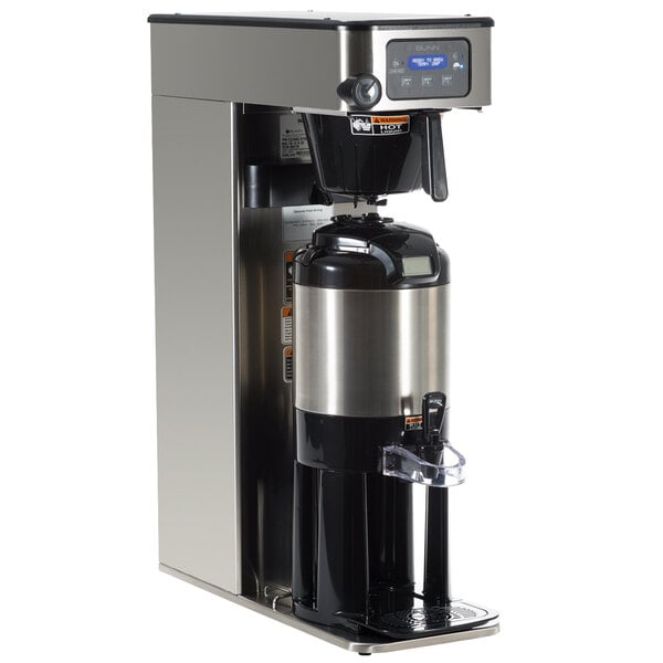 A Bunn ITCB-DV Infusion coffee and tea brewer with a black container and silver accents.