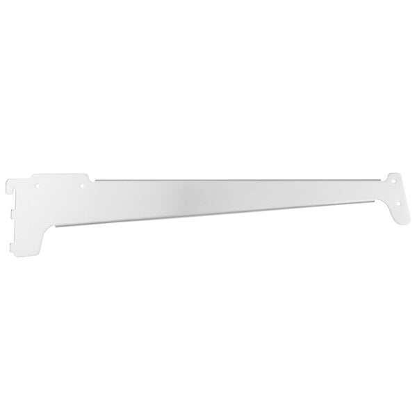 A white metal shelf bracket with holes.