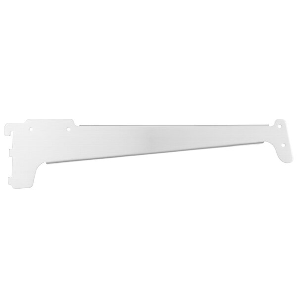 A white metal Avantco shelf bracket with holes.