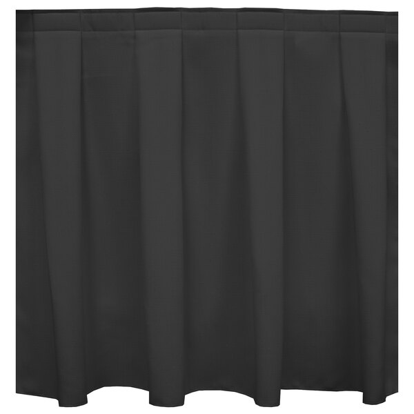 A black box pleat table skirt with a white background.