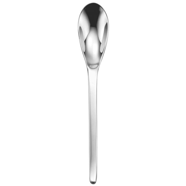 A Oneida Apex stainless steel oval bowl soup/dessert spoon with a long silver handle.