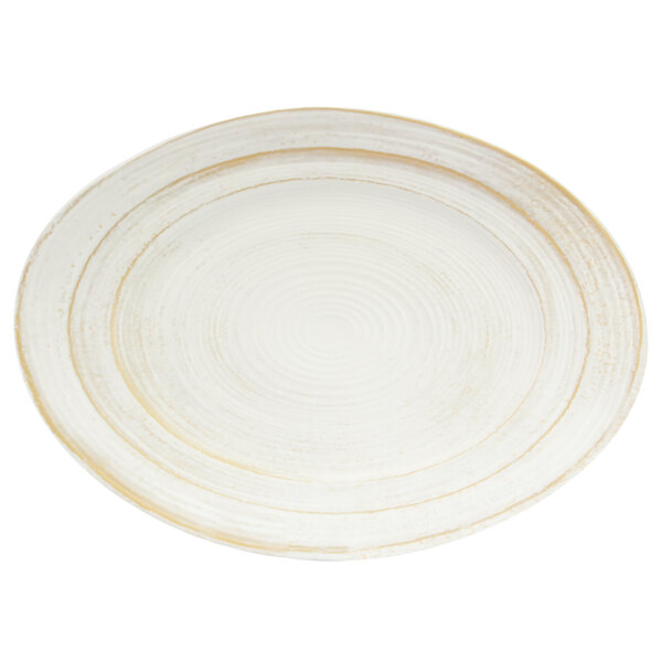 An off white melamine oval serving dish with a gold rim.